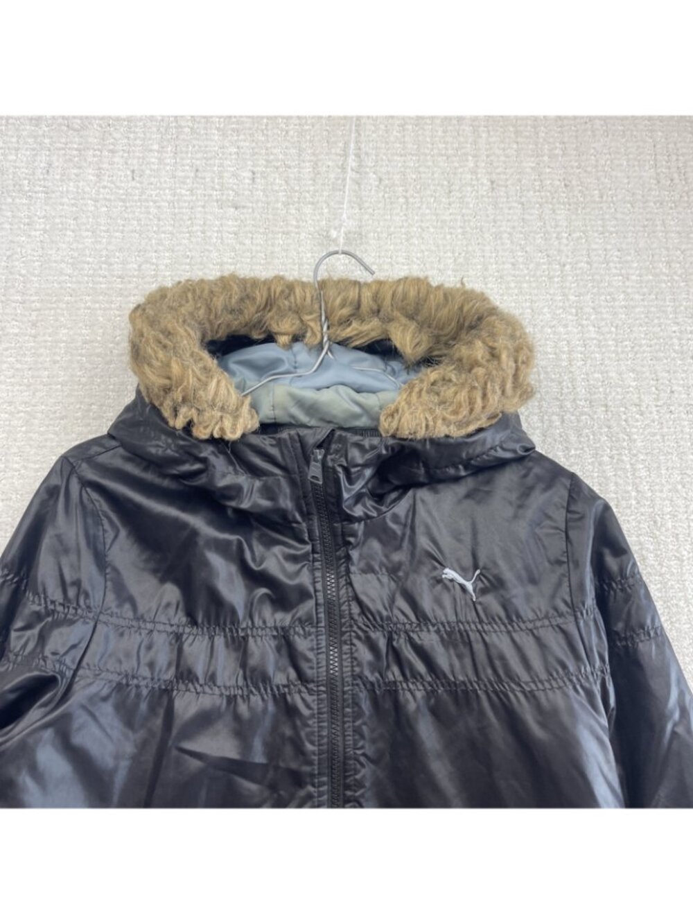 Y2K Puma Faux-Fur Hoodie Full Zip Jacket Shiny Satin Black Wom Sz L Hip Hop 2000 - Picture 2 of 12